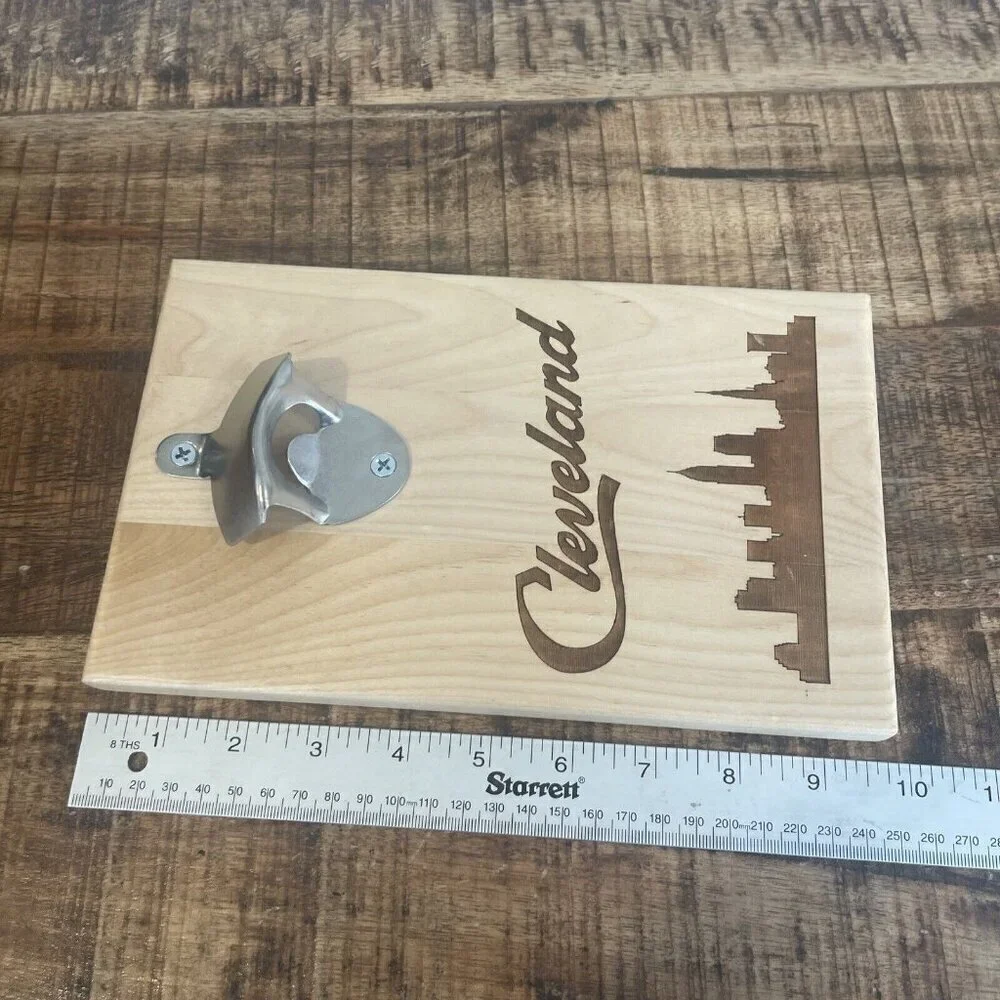 Wooden Cleveland Skyline Engraved Wall Mount Bottle Opener Souvenir City